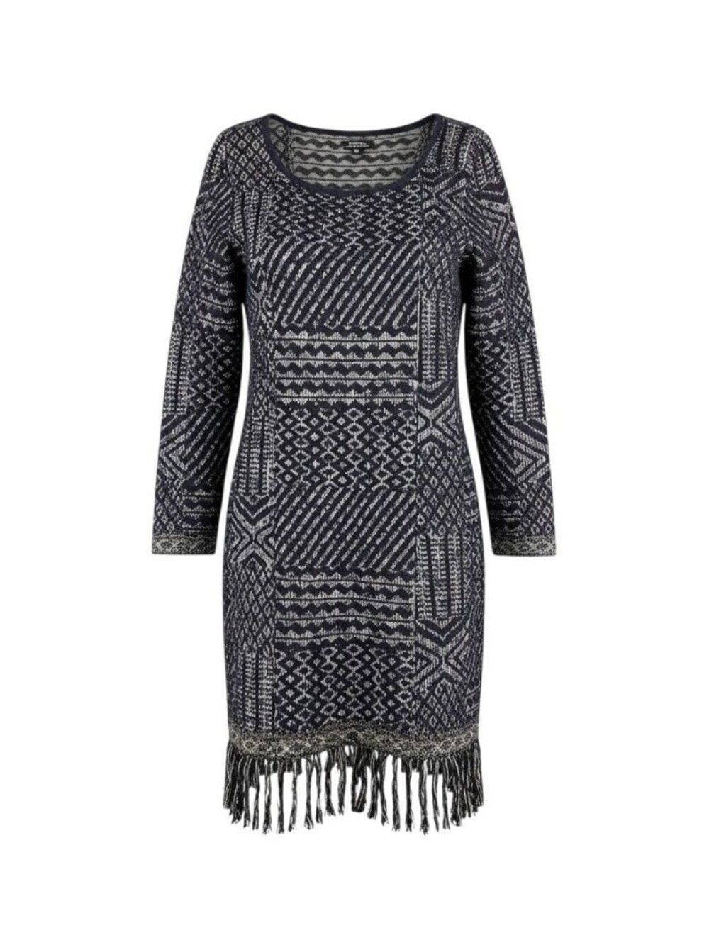 Lucky Brand Womens Fringe Hem Geometric Knit Sweater Dress Navy/White Medium